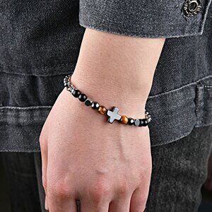 3/$35 Men’s Stainless Steel Cross Bracelet Hematite & Tiger Eye Stone Beads